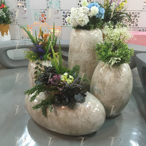 鵝卵石花盆玻璃鋼組合落地花盆花器仿石頭紋綠植插花裝飾花盆廠家