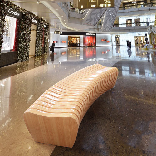 商場美陳開業玻璃鋼休息座椅定制木紋拼接坐凳